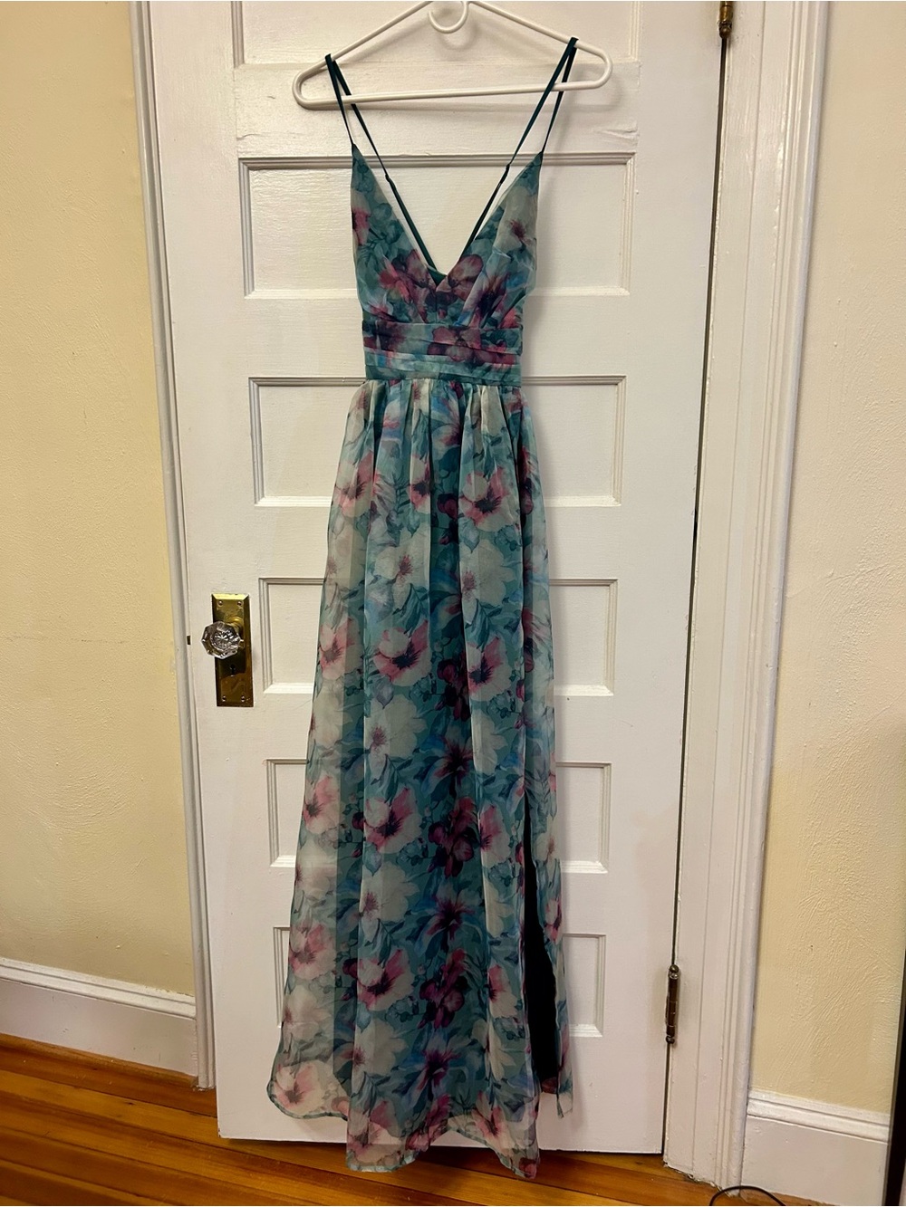 Lulu's Teal Floral Chiffon Maxi Dress with adjustable Cross backSpaghetti Straps